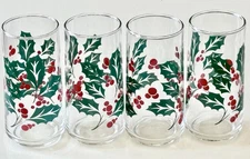 MCM Christmas 16oz Glass Tumblers-Libbey CRISA Holly Berry-PRISTINE Set of 4