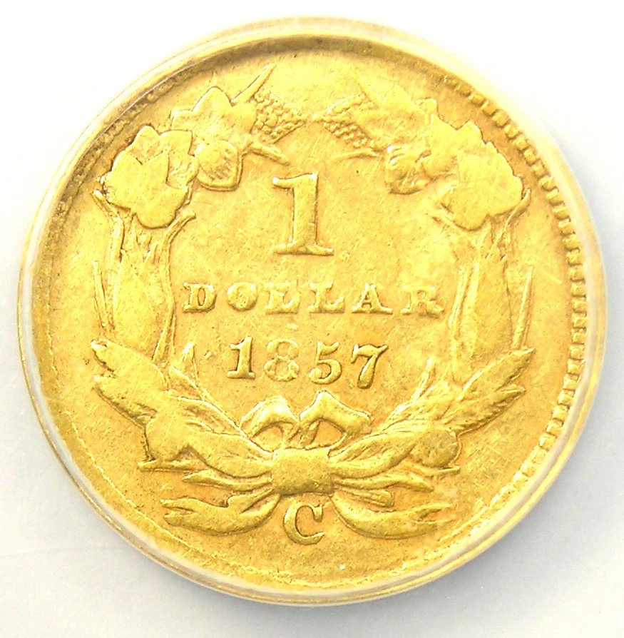 Dólar de oro indio 1857-C G$1. Detalle certificado ANACS VF35 - Moneda rara Charlotte Foto 4 de 4