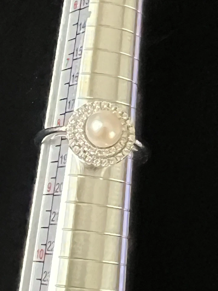 Anillo Vantel Perlas Crema Esterlina Perla Genuina Circonita cúbica Doble Halo Talla 8 Junio Piedra Foto 2 de 4