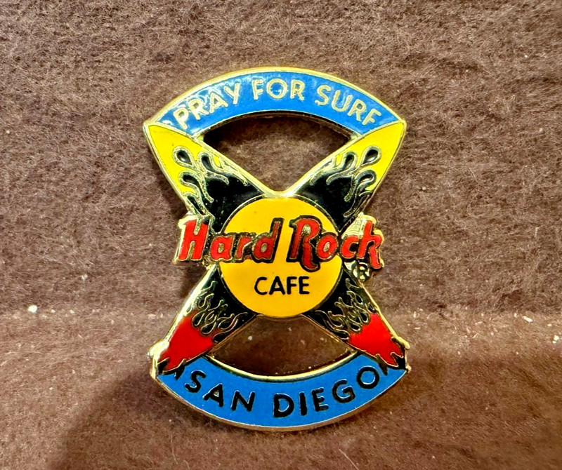 HARD ROCK CAFE SAN DIEGO PRAY FOR SURF BLUE BARS WITH CROSSED SURFBOARDS PIN
