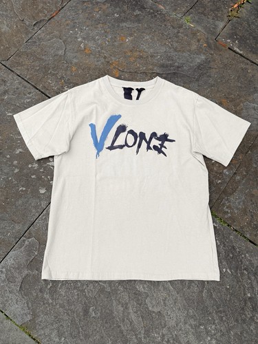 Vlone Logo T-Shirt L Beige Short Sleeve Crewneck Streetwear Front & Back Blue US