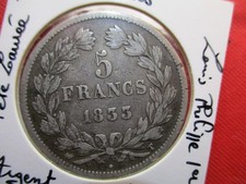 Pièce de 5 Francs Louis Philippe 1833 T Nantes . Argent 900/1000 . 25 gr . TTB.
