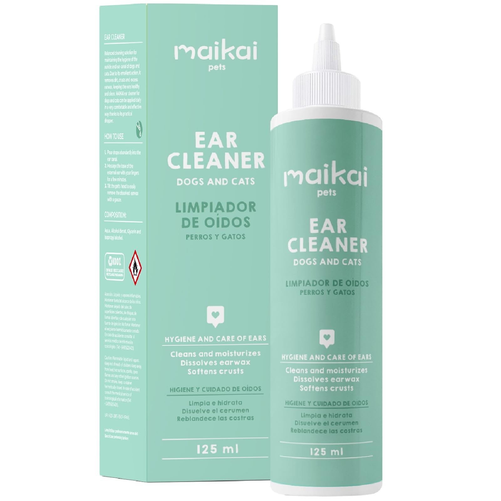 MAIKAI Gocce Pulizia Orecchie 125 ml  Soluzione Naturale per Cani e Gatti R