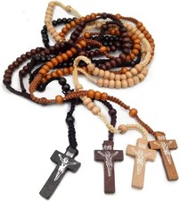 , 4 Pcs Wooden Rosary Beads Catholic Necklace for Men Handmade Religious Cruc...