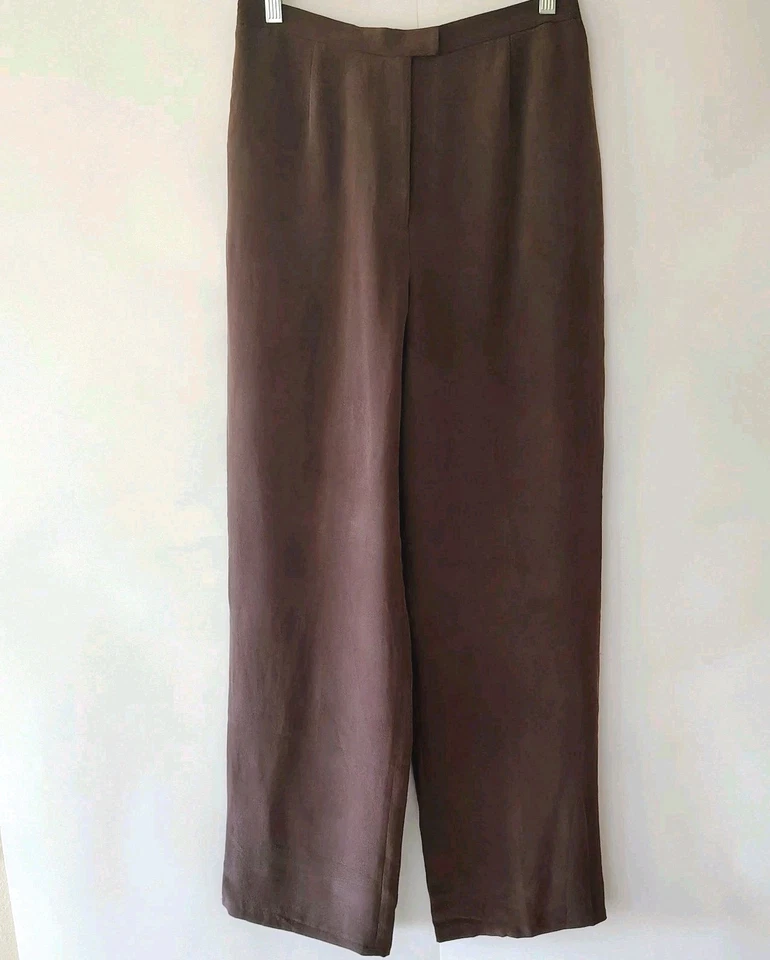 Due per Due Women's Chocolate Brown 100% Silk Dress Pants Sz 10 Wide Leg Lined - Image 2 of 4