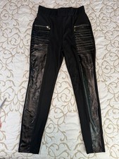 Womens Black Faux Leather Contrast Panel Pants Zipper Detail Skinny Leg Size S