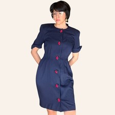 Vintage Navy Blue Wiggle Dress L/M | Red Half-Moon Buttons | 80s Bodycon Style