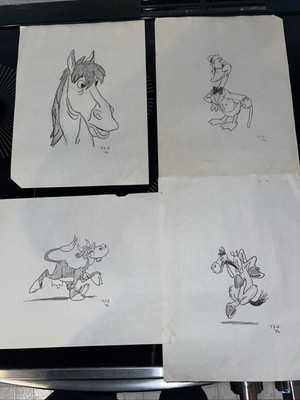 Vintage 1976 Lot Of 4 Cartoon Animation Character Pencil Sketch Art Drawings