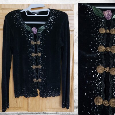 VINTAGE LEE ANDERSEN~BLACK Chenille,BEADS~CARDIGAN SWEATER~w/GOLD~womens S SMALL