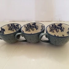 Gabriela Blue Pfaltzgraff 3 Coffee Mugs Cups Blue Flowers inside - Raised Design