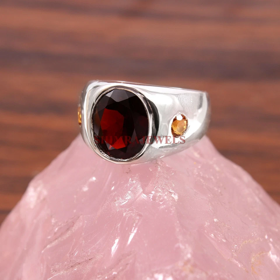 Anello In Argento Sterling 925 Con Gemma Di Granato E Citrino Per Uomo #273 - Immagine 3 di 4