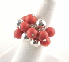 Sterling Silver Red Coral And Sterling Cluster Ring - Free Gift Packaging