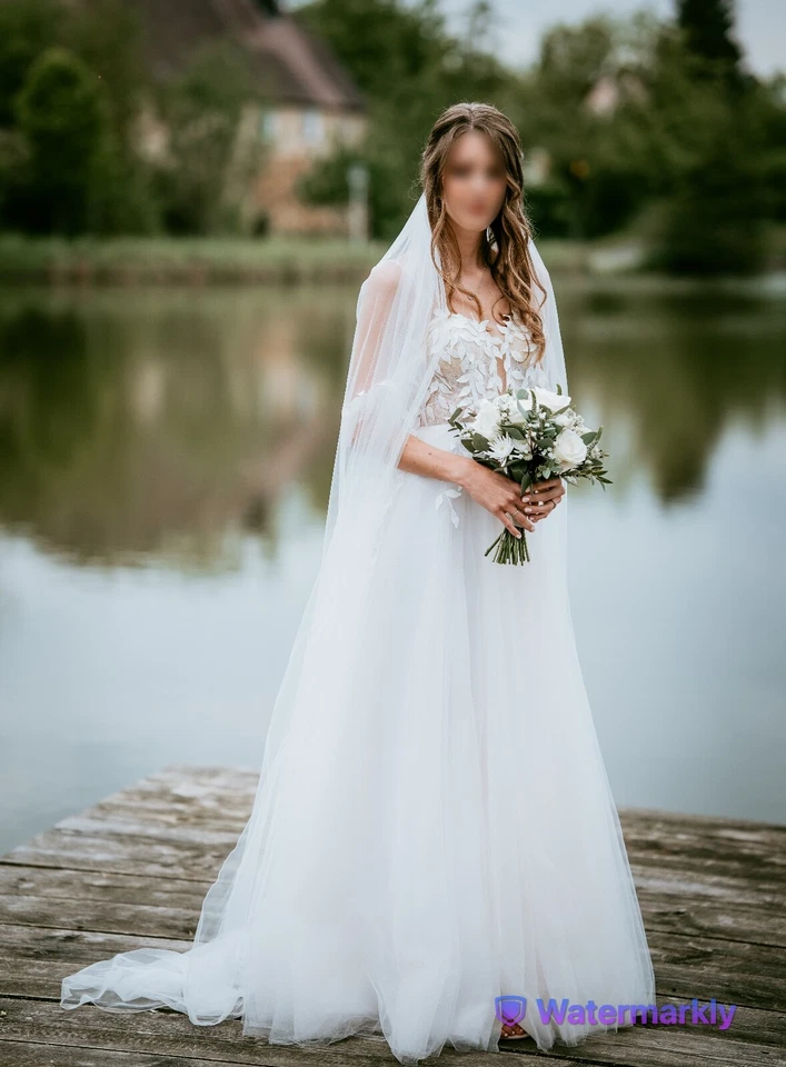 Hochzeitskleid - A-Linie in Ivory weiß - Glitzertüll, 3D-Spitze, Spaghettiträger - Bild 4 von 4