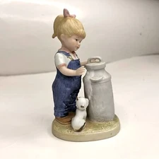 Home Interiors Denim Days Figurine Girl with Milk Jug and Cat by Homeco Vintage
