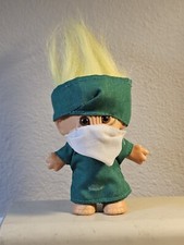 Vintage RUSS TROLL DOLL SURGEON DOCTOR 4" Green Scrubs and Mask Yellow Hair