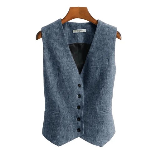 Damen Anzugweste Fischgrät Tweed V-Ausschnitt 4 Knopf Weste Damen Retro Slim... - Bild 11 von 16