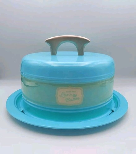 Vintage Metall Emaille Kuchenträger Retro Style Aqua "Made With Love And Butter"