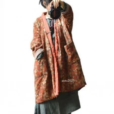 Pastoral Style Womens Long Quilted Jacket Oversize Cotton Robe Patchwork Coat L