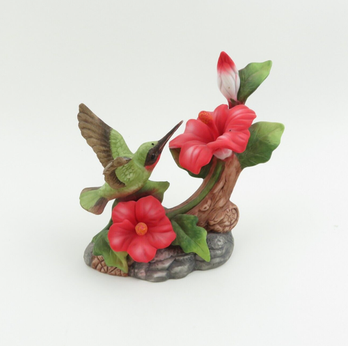 Vintage Figurine Bisque Porcelain Hummingbird & Red Hibiscus Flowers - 5" Tall