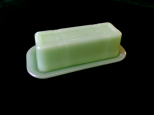 Vintage Butterdose Jadeit grün Glas bedeckt - Bild 2 von 6