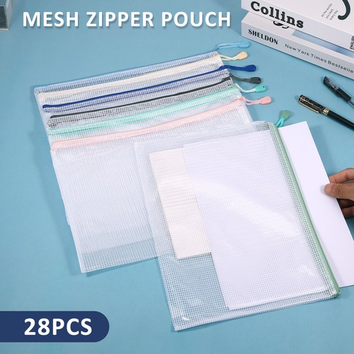 File Zipper 28Pcs Zipper File Bags A4 Mesh Zipper Pouch Waterproof Document Bag ...