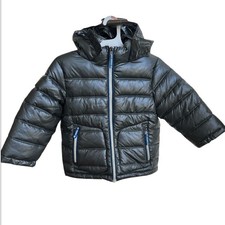 Mini Boden Metallic Gray Hooded, Full Zip Puffer Jacket - Size 3-4 Years