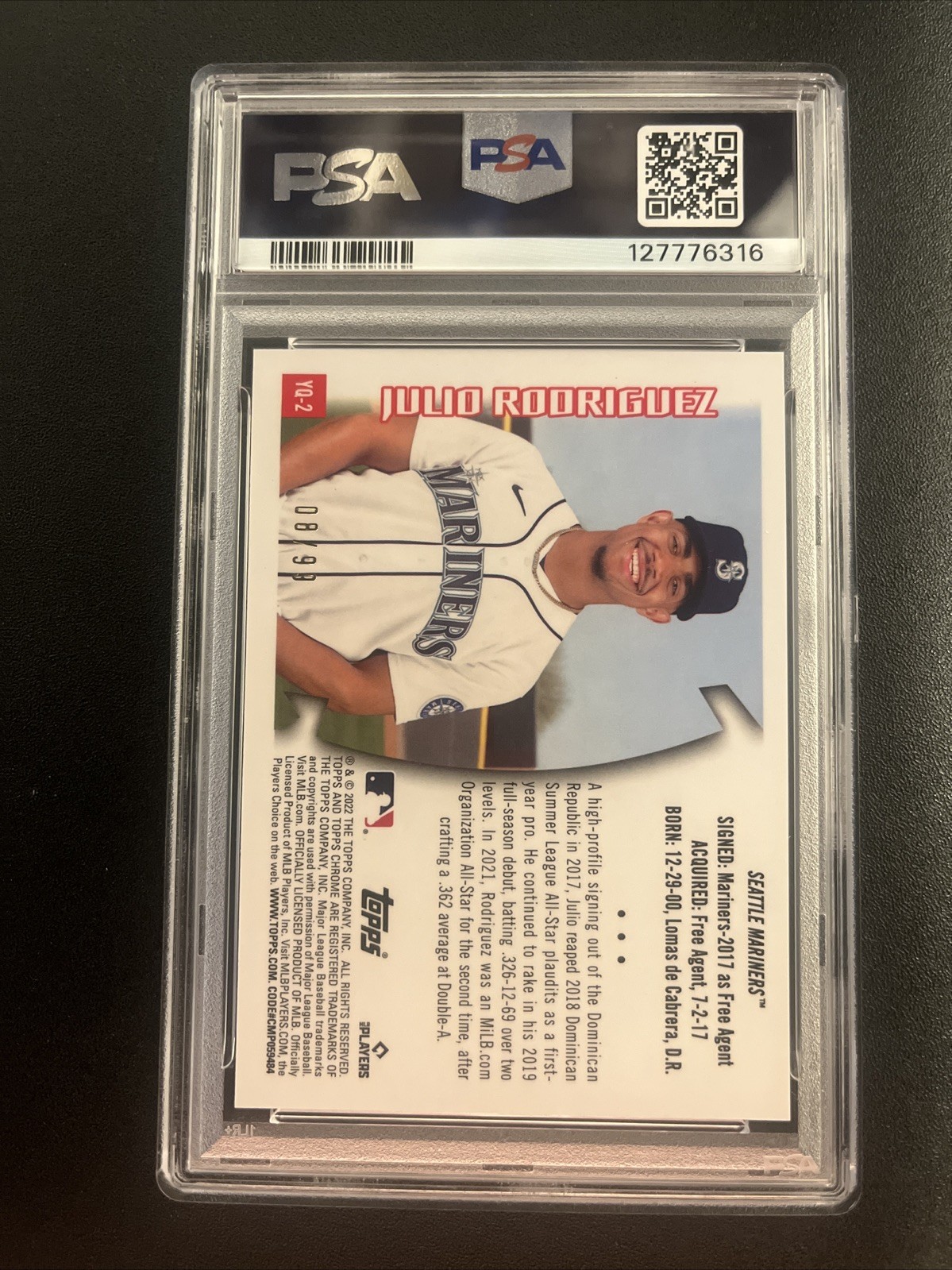 2022 Topps Chrome Sonic Julio Rodriguez 1996 Youthquake Green 8/99 PSA 10 Rookie view 2