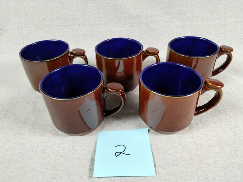 Vintage Lindt Stymeist Yo Han Wheat Brown Cobalt Blue Coffee Mugs Set of 5 (#2)