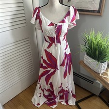 Nine West Dress Small White Fuchsia Floral Maxi Tropical Feminine Beach Resort