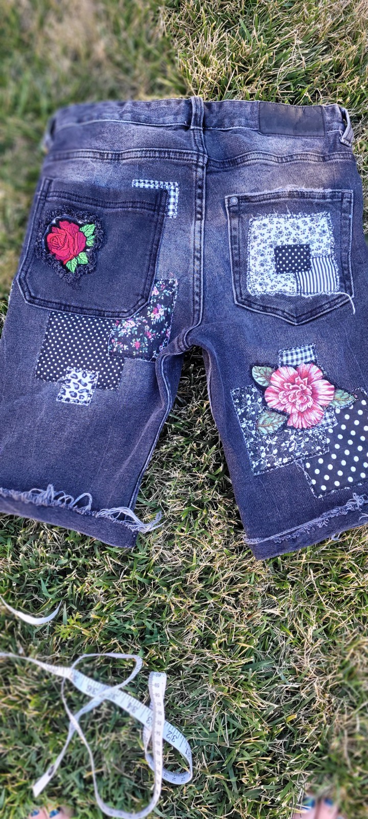 Black Upcycled Patchwork Denim Button Fly shorts-… - image 3