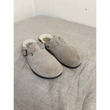 White Mountain Clogs Women 10 Taupe Suede Faux Shearling Lined Buckle Mules