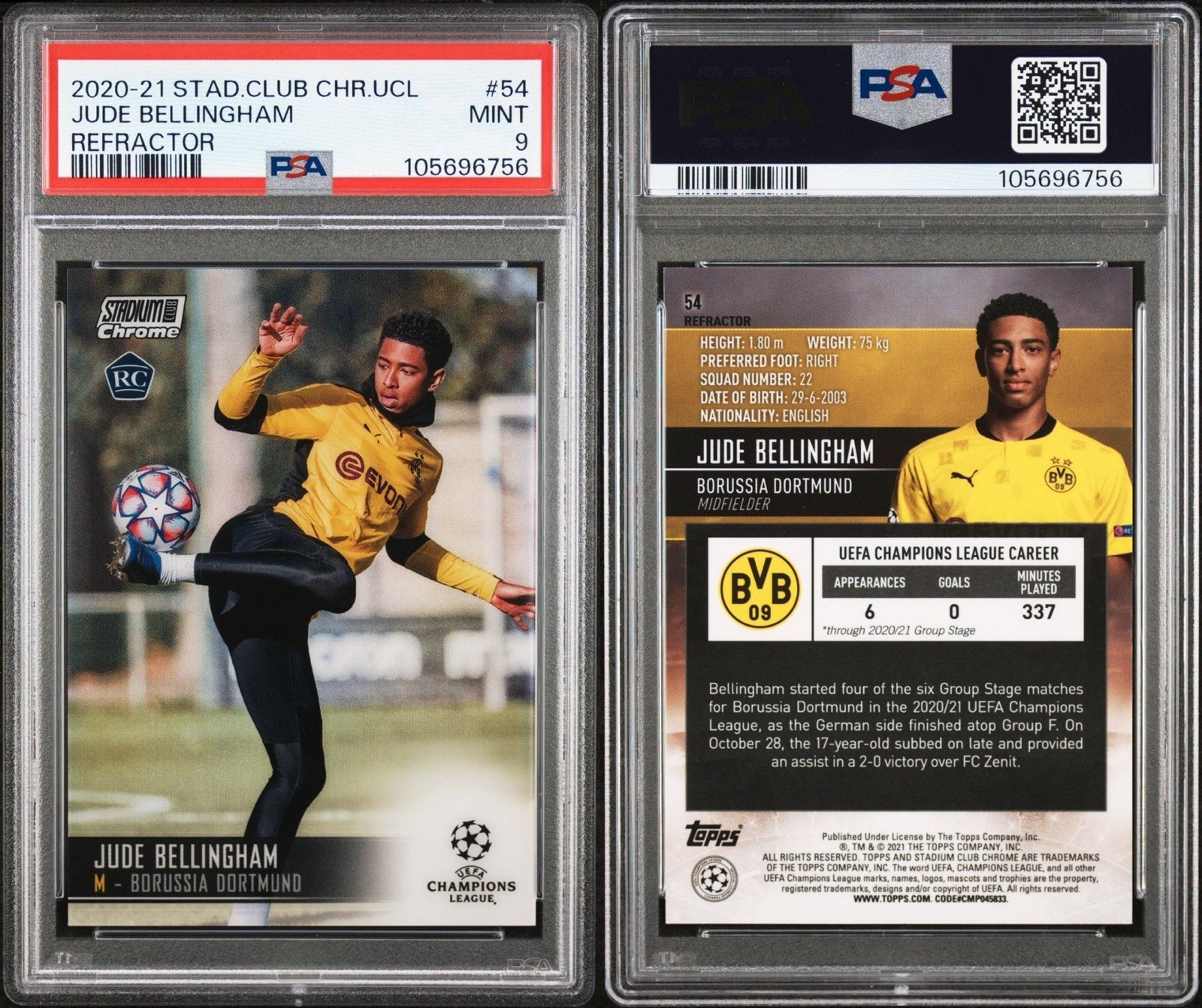 2020 Topps Stadium Club UCL Jude Bellingham Rookie Refractor #54 PSA 9 view 3