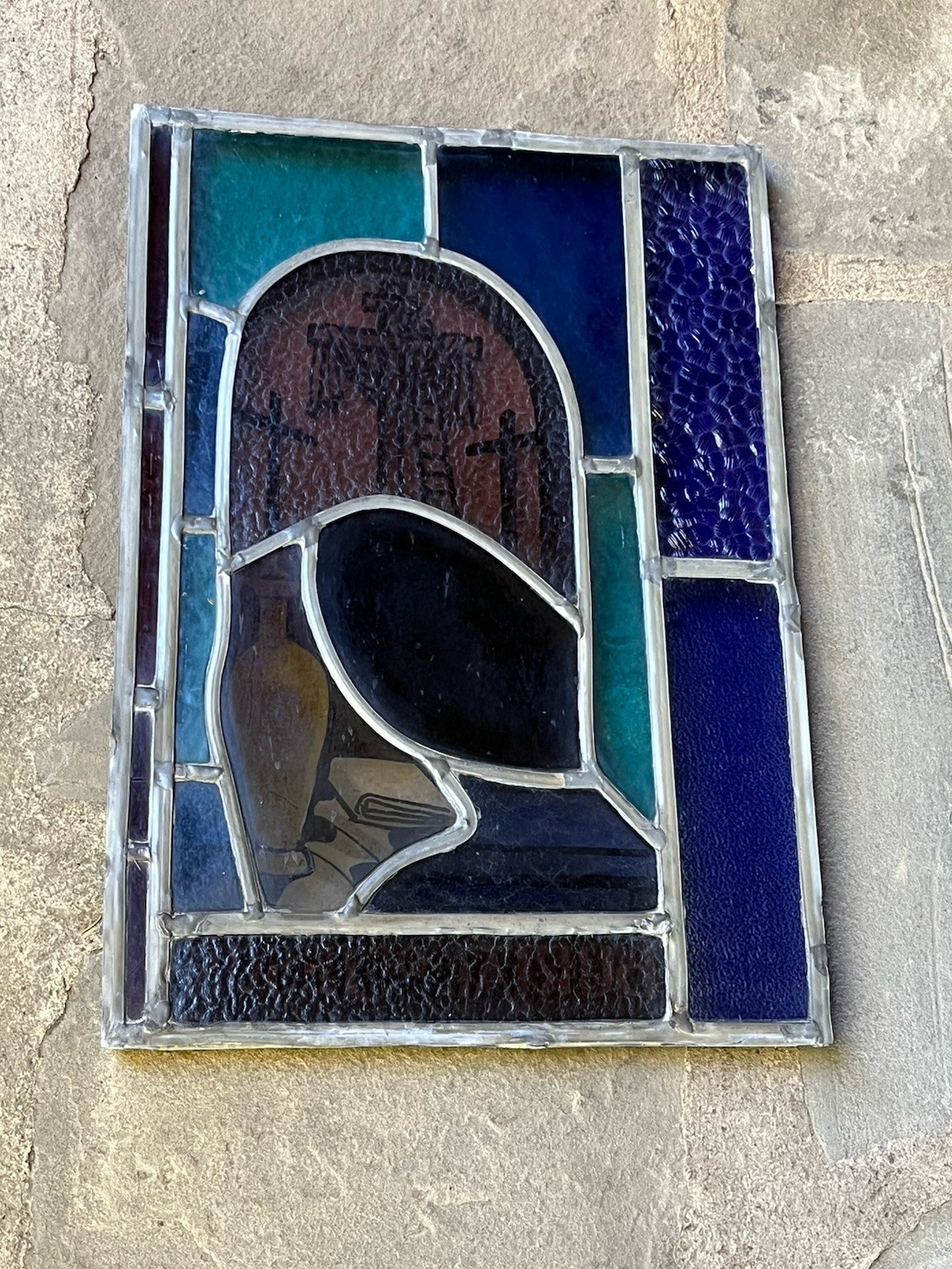 ANTIQUE CHURCH WINDOW "the BURIAL of JESUS" PAINTED FIRED GLASS early 1940s NYC