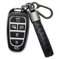 for Hyundai Key Fob Cover with Leather Keychain Soft TPU Full 5 Buttons Black-b