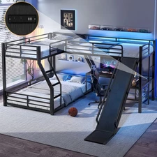 L-Shaped Metal Triple Bunk Bed Twin over Full Bunk Bed with Twin Size Loft Bed