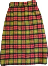 VTG Plaid Skirt Wool/Mohair Fitted Pink And Green Waist 26 60s