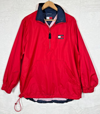 Tommy Hilfiger Vintage 90s Red Anorak Jacke Herren Large Flag Logo