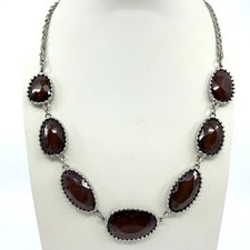 Vintage Silver Tone Faux Smoky Quartz Glass Bezel Link Necklace Chunky Statement