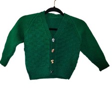 Vtg Hand Knit Green With Cute Puppy Buttons Kids Cardigan Sweater 4T Hommade