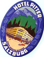 Hotel Pitter ~SALZBURG - AUSTRIA~ Beautiful Old Luggage Label, c. 1940