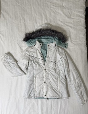 O Neill Women s Reversible Puffer Jacket M White Seafoam Gray Hooded Faux Fur