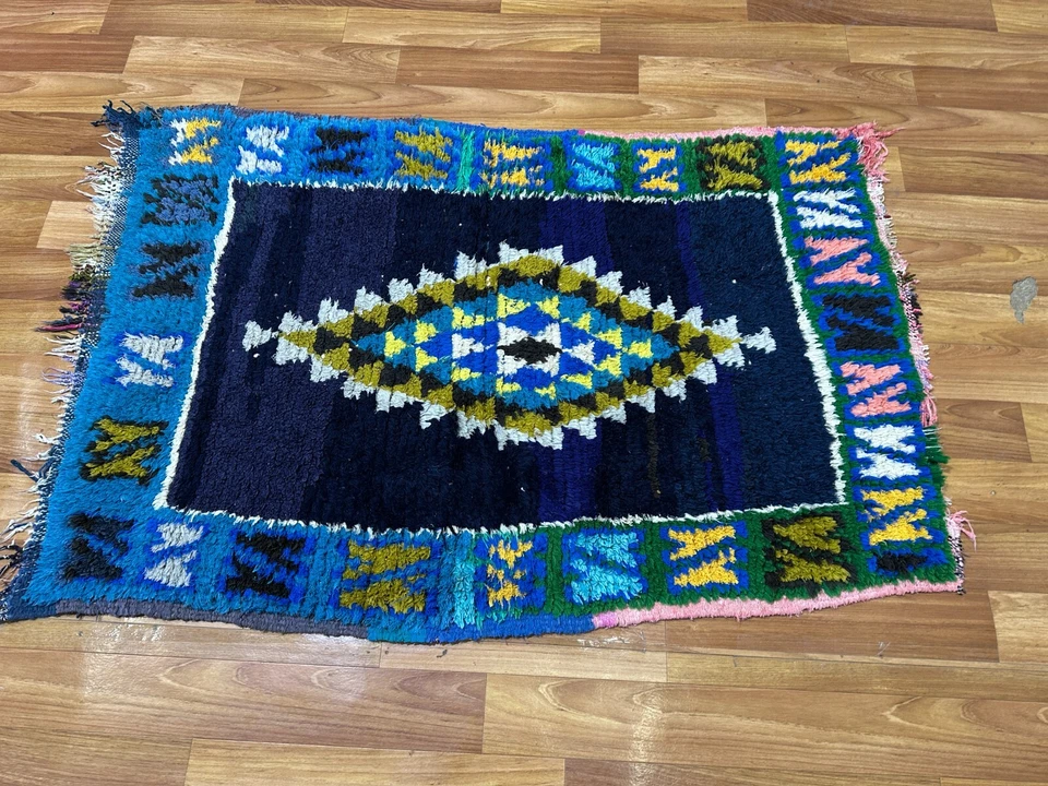 Handmade Moroccan Rug 2.9x4.4 ft – Vintage Berber Wool Carpet – Navy Tribal - Image 4 of 4