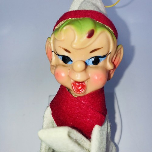 Vintage Knee Hugger Pixie Elf Christmas Ornament Shelf Sitter White & Green Hair - Picture 11 of 20