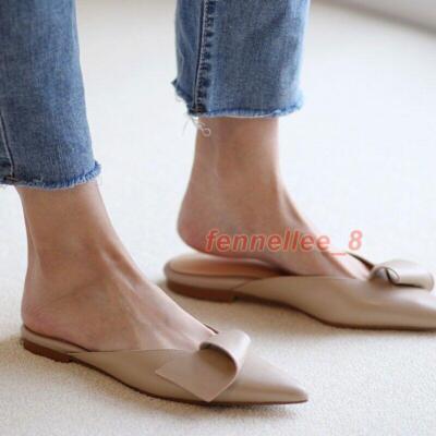 Women's Pointy Toe Leather Flat Shoes Casual Slip on Mules Slippers Office Shoes