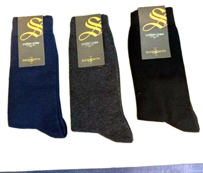 3PK Mens Sock Smith Black Navy Charcoal Crew Socks Size 10-13 Shoe Sz 7-12.5