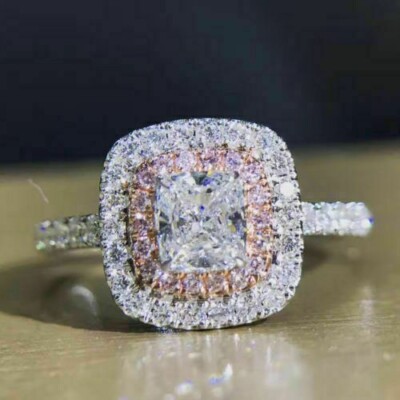 1.60Ct Cushion Simulated Diamond Double Halo Bridal Ring 14k White Gold Plated