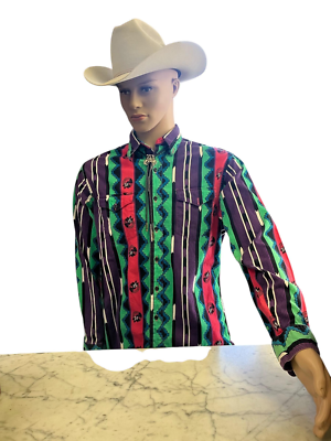 Chemise Vintage Wrangler Brushpopper Des Années 90, Motif Aztèque, Manches Longues, Boutons Pression, Taille XL - Parfaite Pour Un Look Country Et Rétro