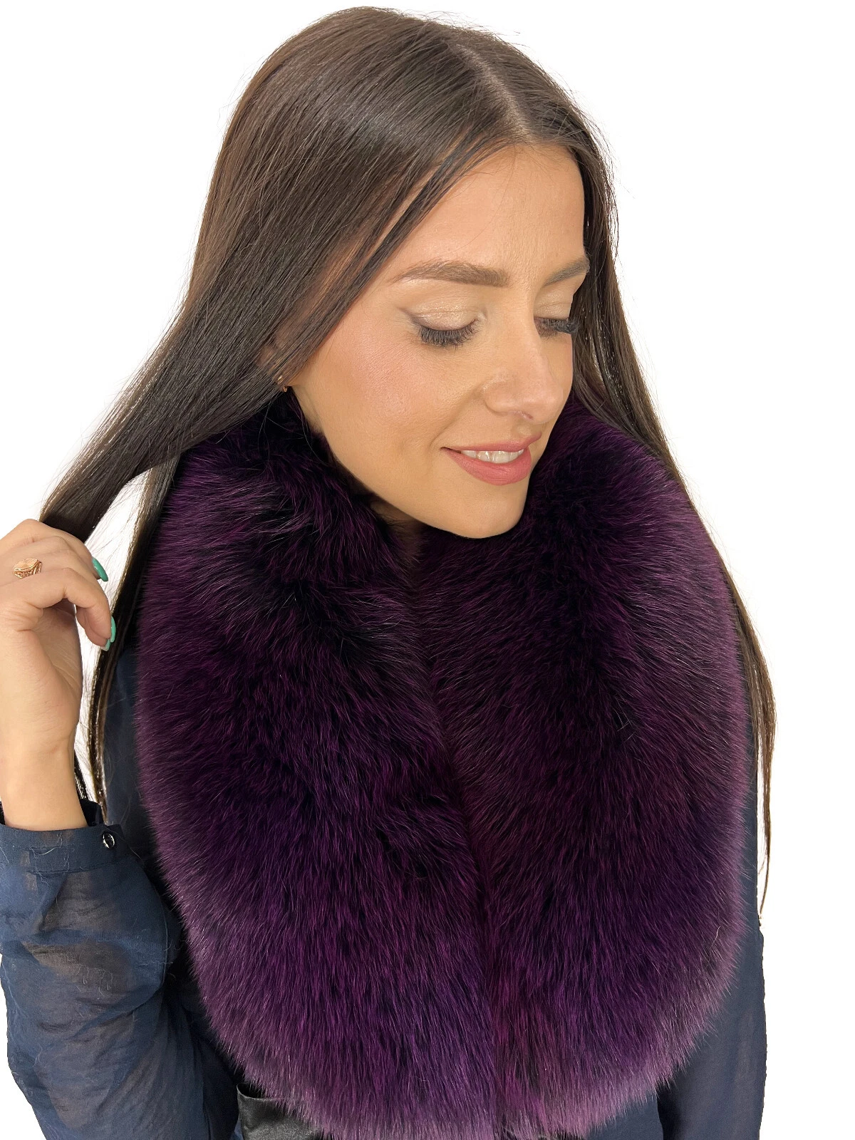 Finn Fox Fur Collar 37' (90cm) Dark Purple Saga Fur Scarf Detachable Ribbon