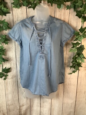EXPRESS Womens Denim Shirt Size S Lace Up Denim Short Sleeve