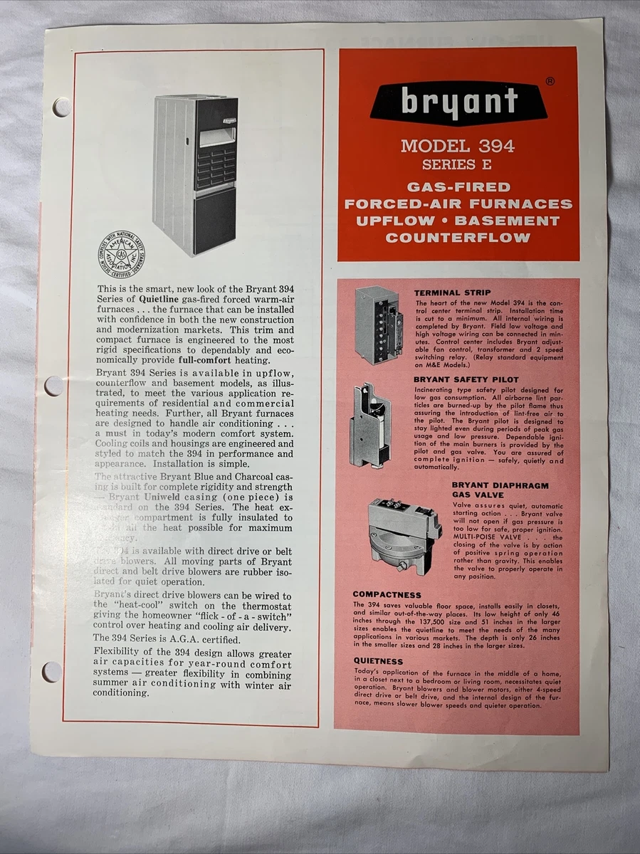 Bryant Model 394 Series E Furnaces Technical Data Sheets eBay